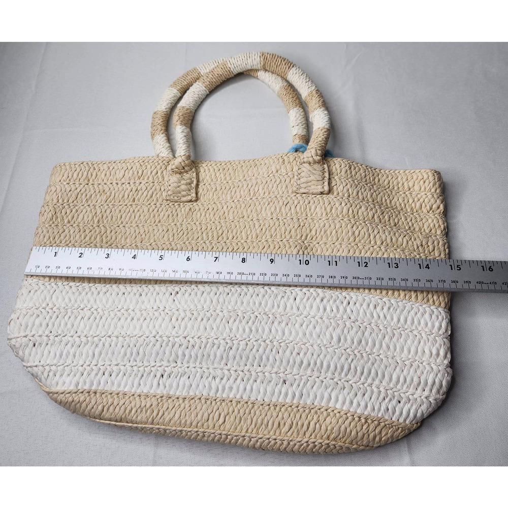 Altru Women's Tan White Pom Pom Tassel Beach Shopping Straw Woven Tote Bag - Picture 6 of 8